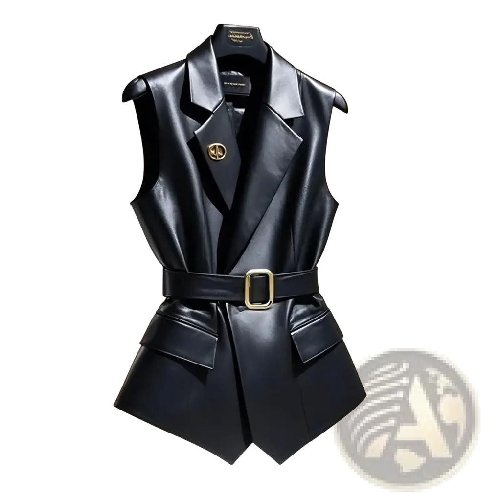 Black leather vest featuring a gold-tone belt buckle and matching circular logo pin for stylish wear