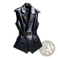 Black leather vest with gold-tone belt buckle and matching circular logo pin for stylish layered outfits