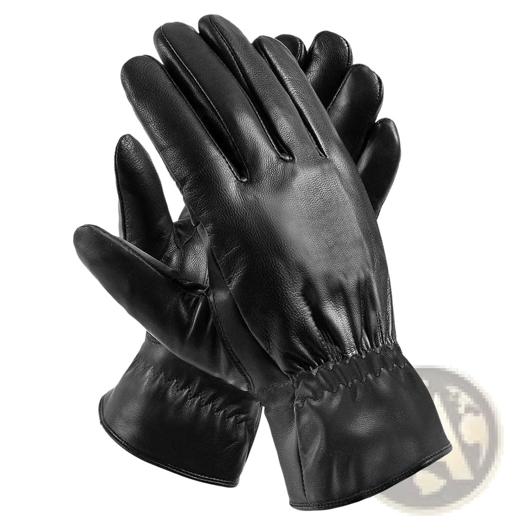 Black leather winter gloves unisex warm windproof with smooth glossy finish and elasticated cuffs shown from the back side