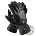 Black leather winter gloves unisex warm windproof with smooth glossy finish and elasticated cuffs shown from the back side