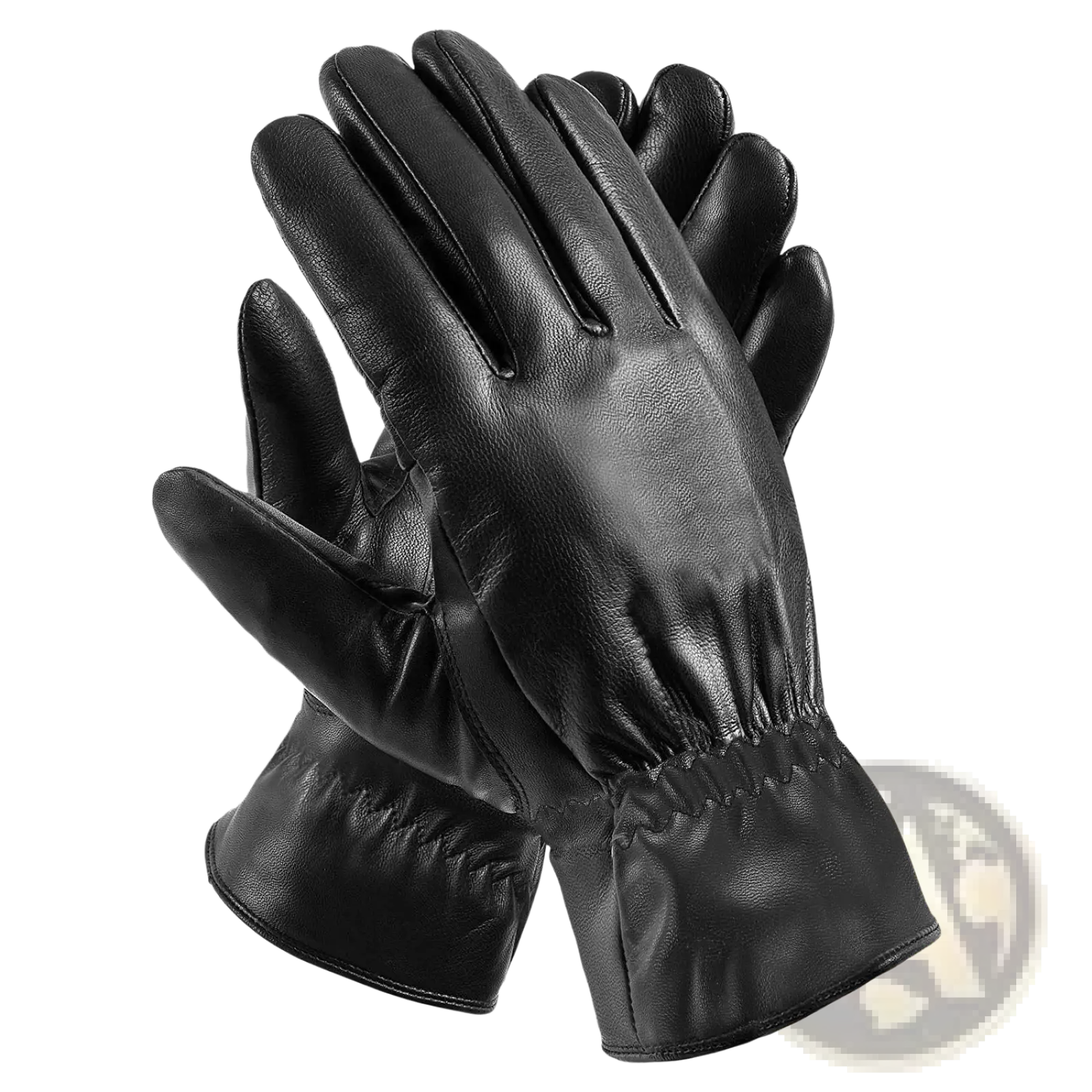 Black leather winter gloves unisex warm windproof with smooth glossy finish and elasticated cuffs shown from the back side