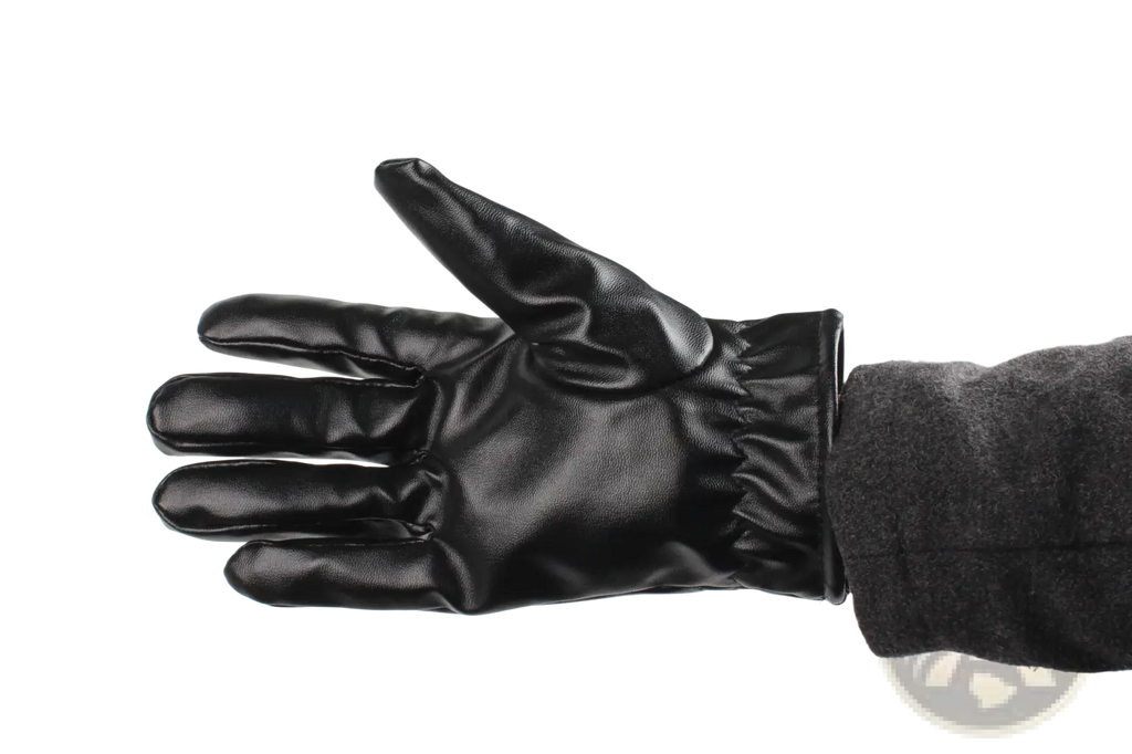 Black leather winter glove with a snug elasticated wristband shown from the back for unisex warm windproof use
