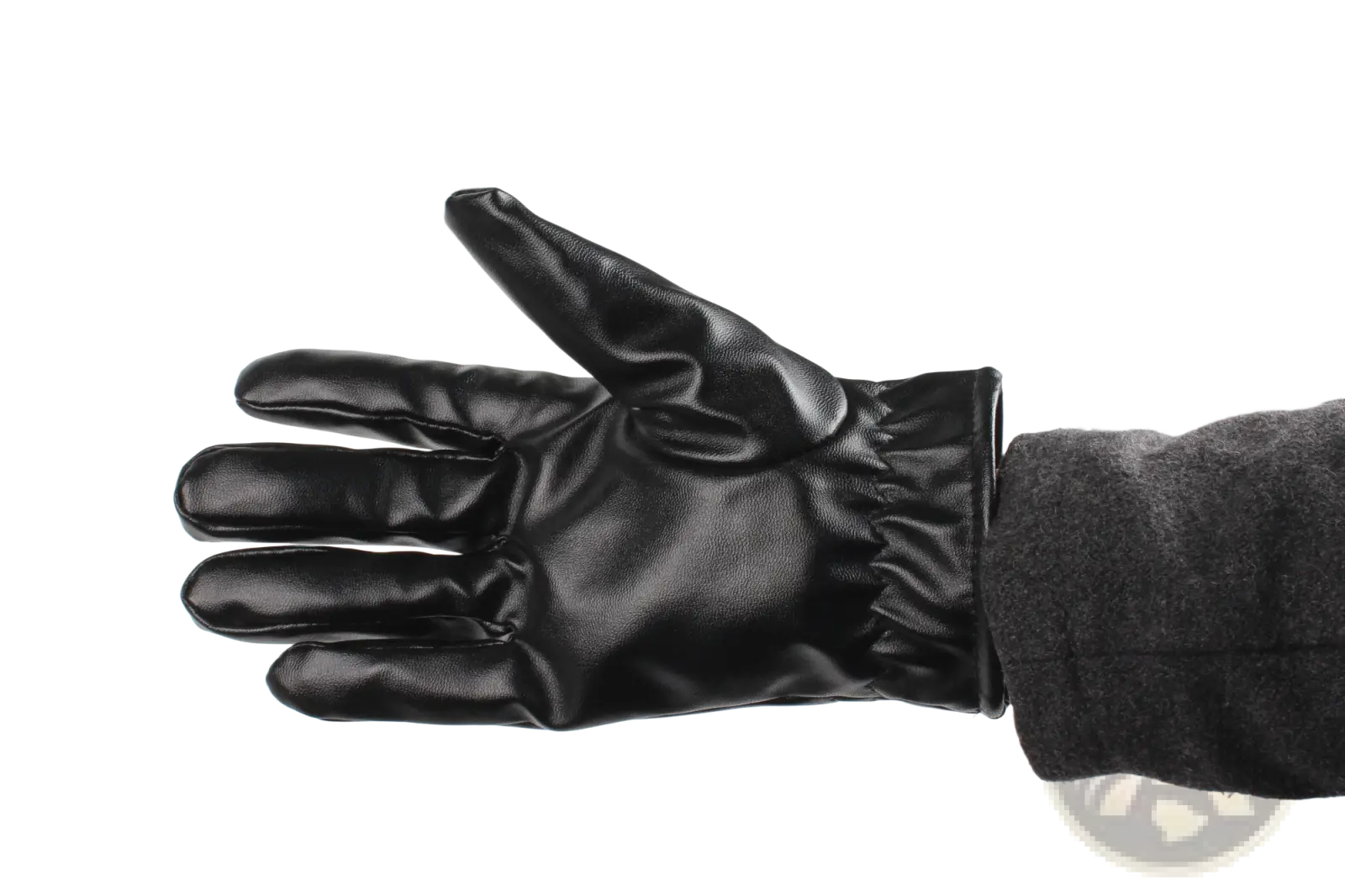 Black leather winter glove with a snug elasticated wristband shown from the back for unisex warm windproof use