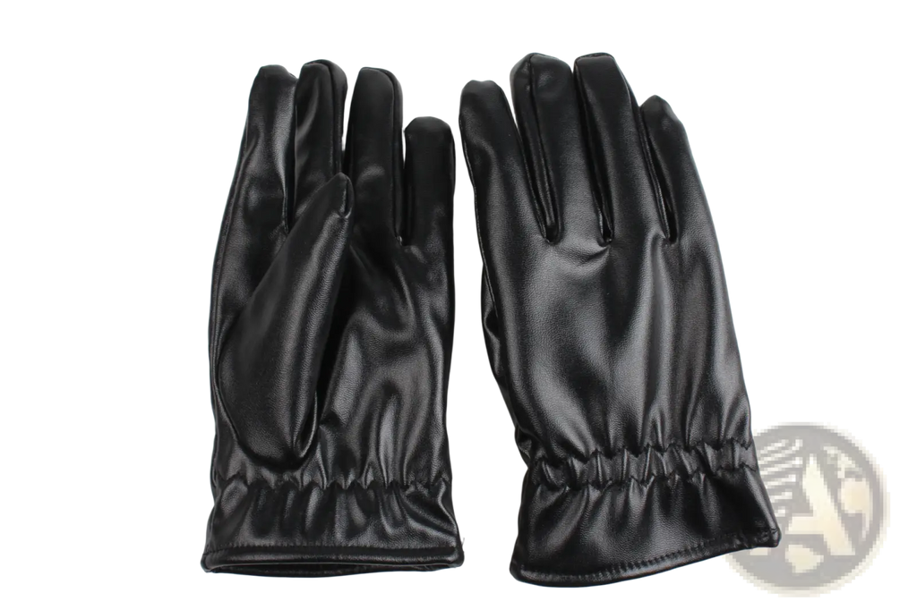 Black leather winter gloves unisex with smooth glossy finish and elasticated cuffs for warm windproof wear