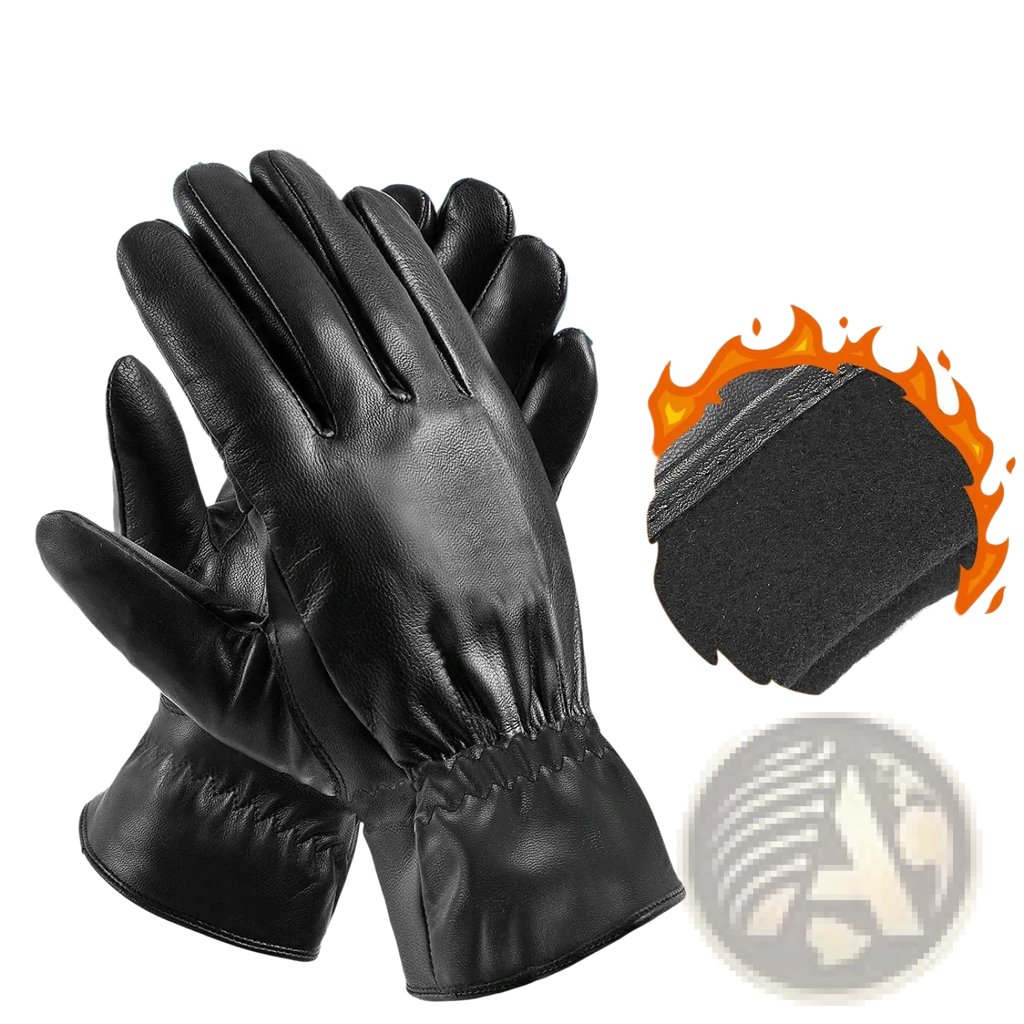 Black leather winter gloves unisex with soft napped fabric lining for extra warmth and windproof protection