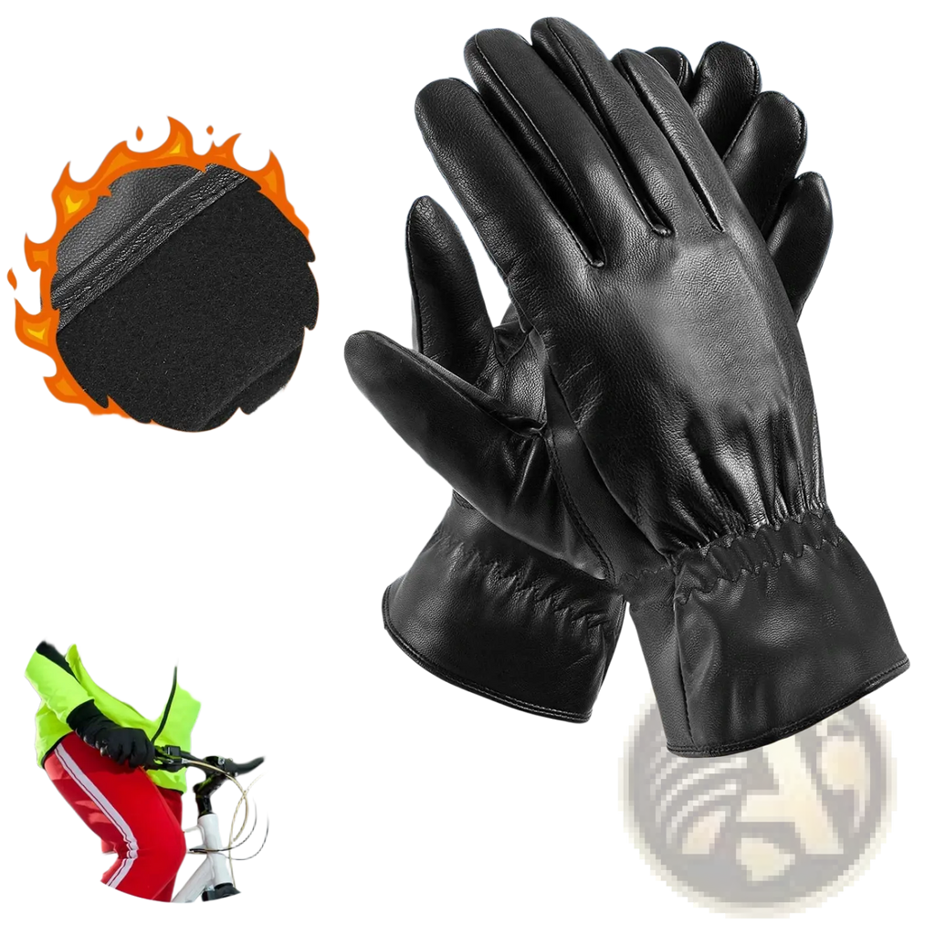 Black leather winter gloves unisex warm windproof with snug fit and elastic wristband for weather resistance