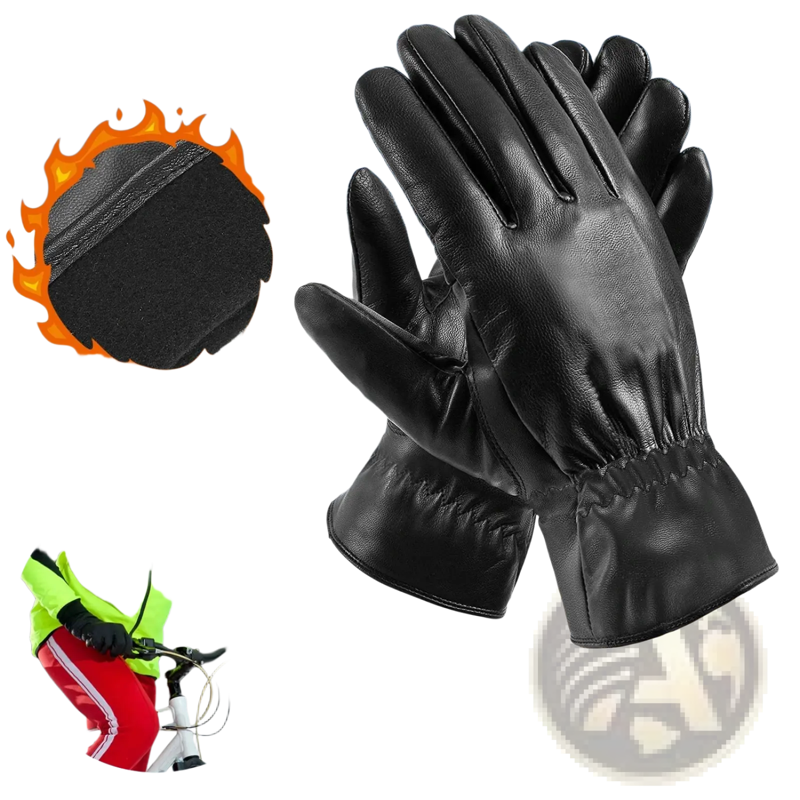 Black leather winter gloves unisex warm windproof with snug fit and elastic wristband for weather resistance