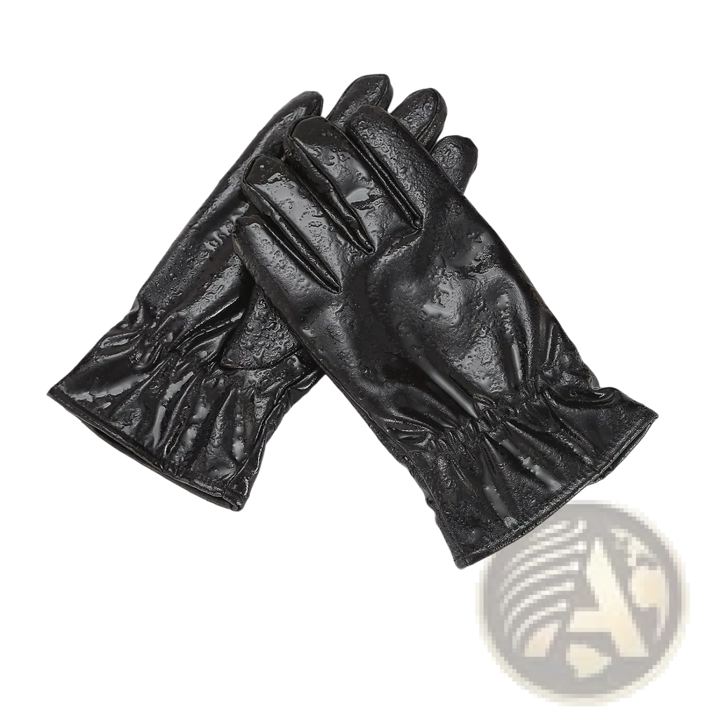 Black glossy leather winter gloves with snug elastic cuff shown from the back for unisex warm windproof use
