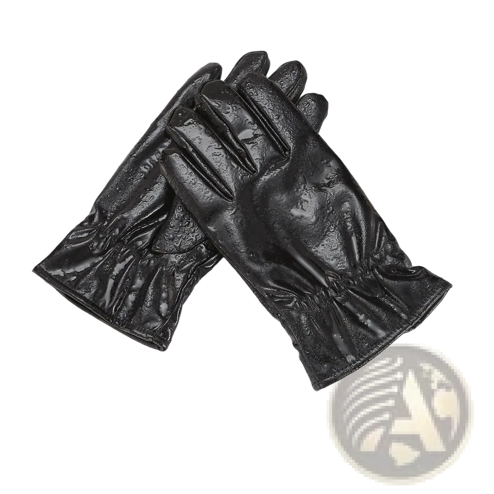 Black glossy leather winter gloves with snug elastic cuff shown from the back for unisex warm windproof use