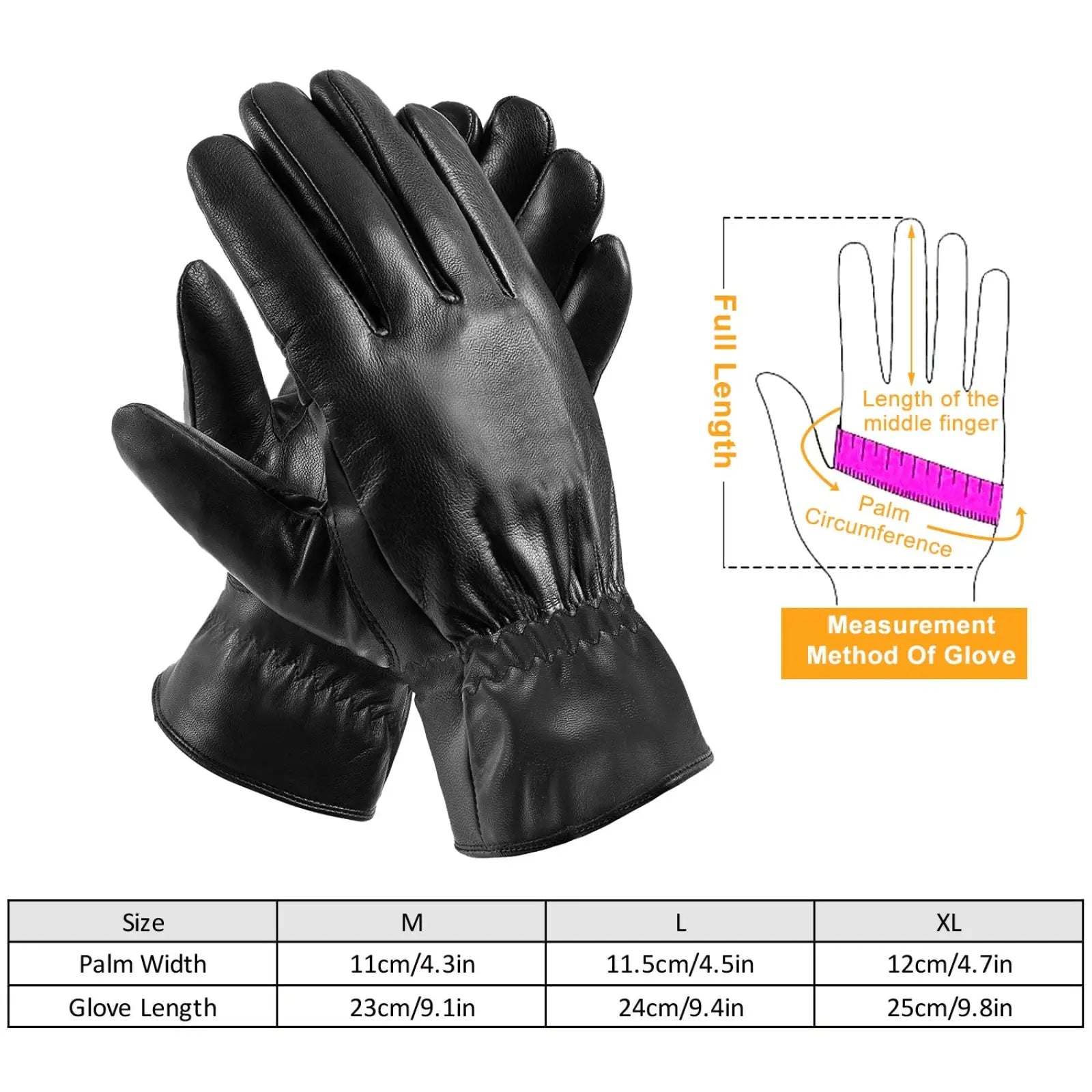 Black full-length leather winter gloves with smooth glossy finish and elasticated wrist cuffs for unisex warmth and windproof protection