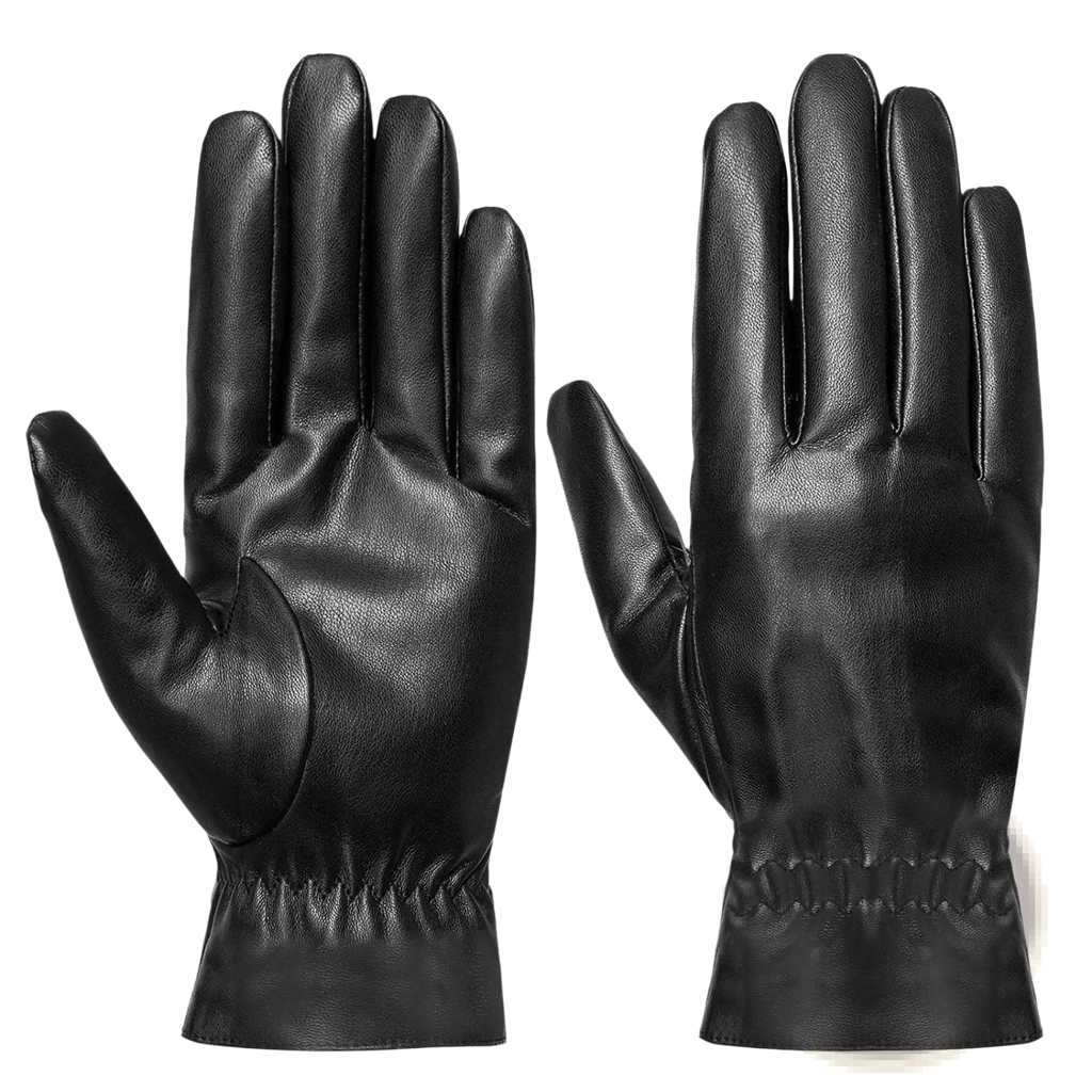 Black leather winter gloves unisex with smooth matte finish and elasticated cuffs shown from the back side