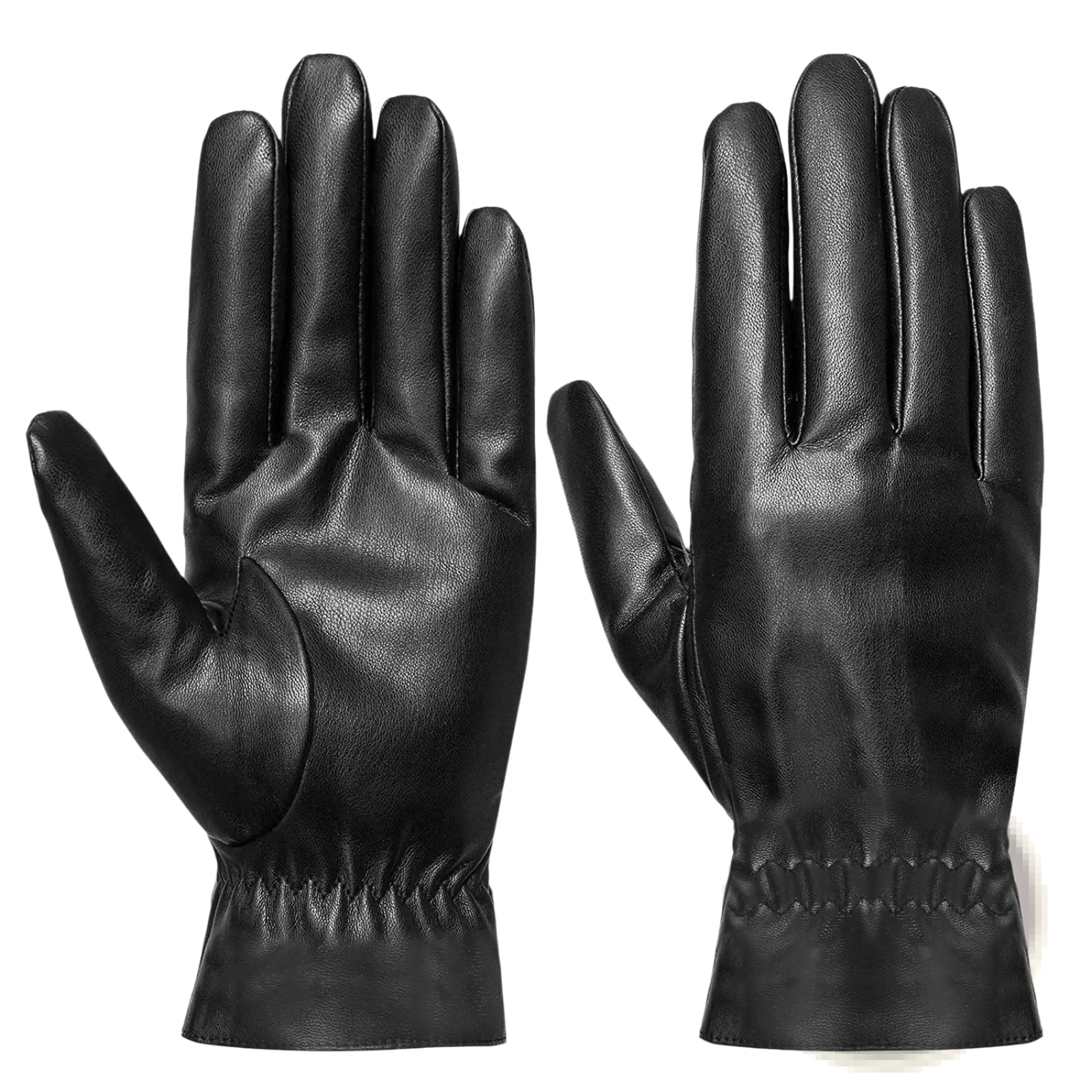 Black leather winter gloves unisex with smooth matte finish and elasticated cuffs shown from the back side