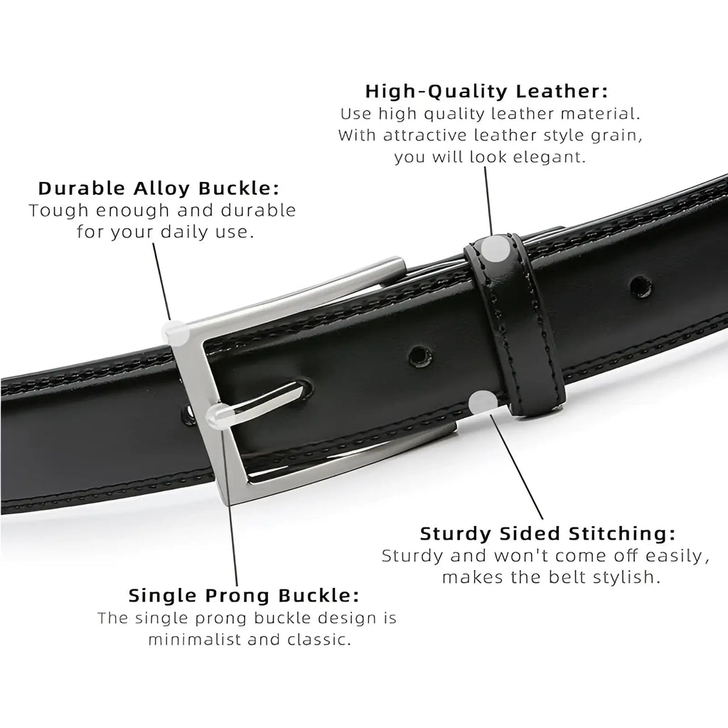 Black leather women dress belt 100cm with silver-toned single prong buckle and sturdy sided stitching