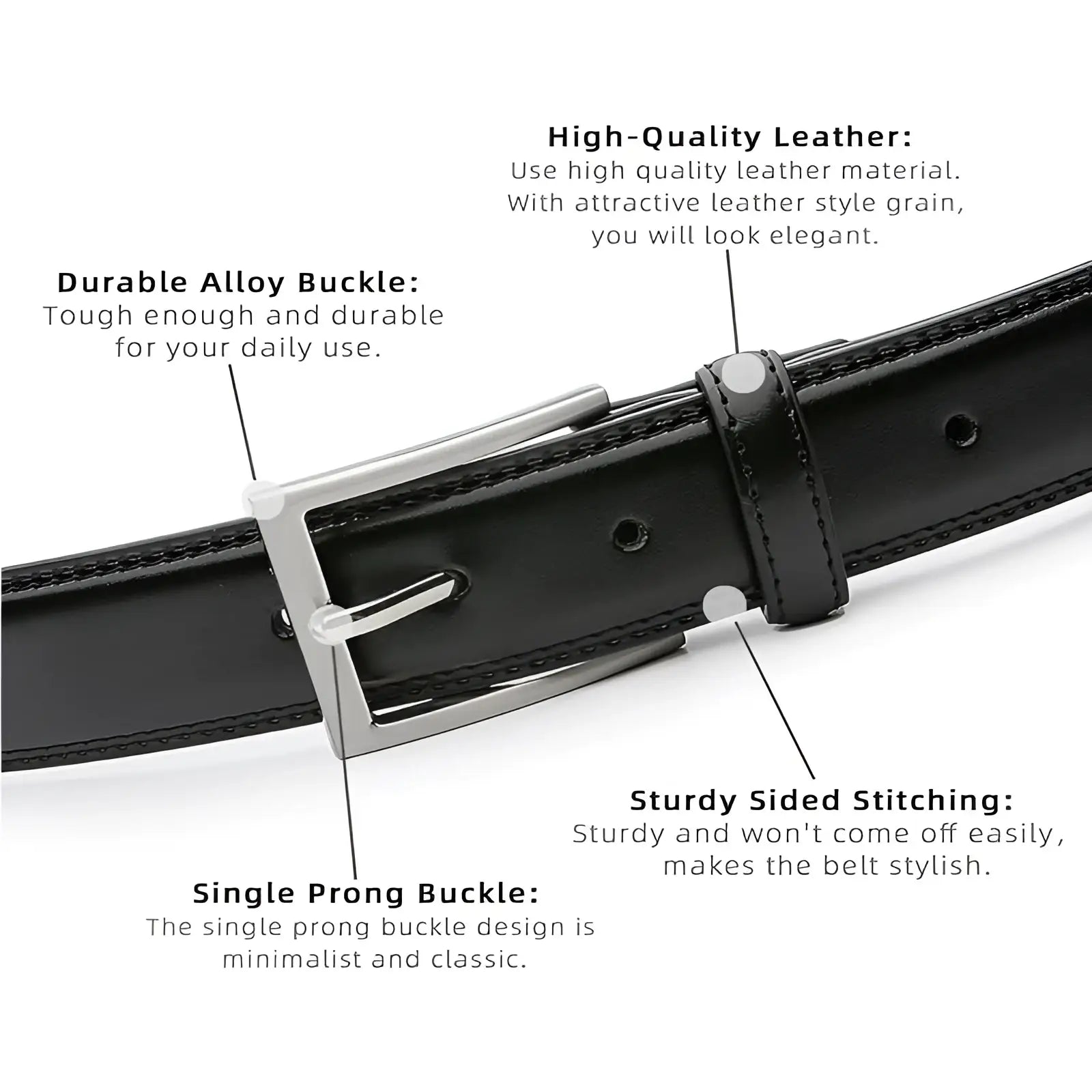 Black leather women dress belt 100cm with silver-toned single prong buckle and sturdy sided stitching