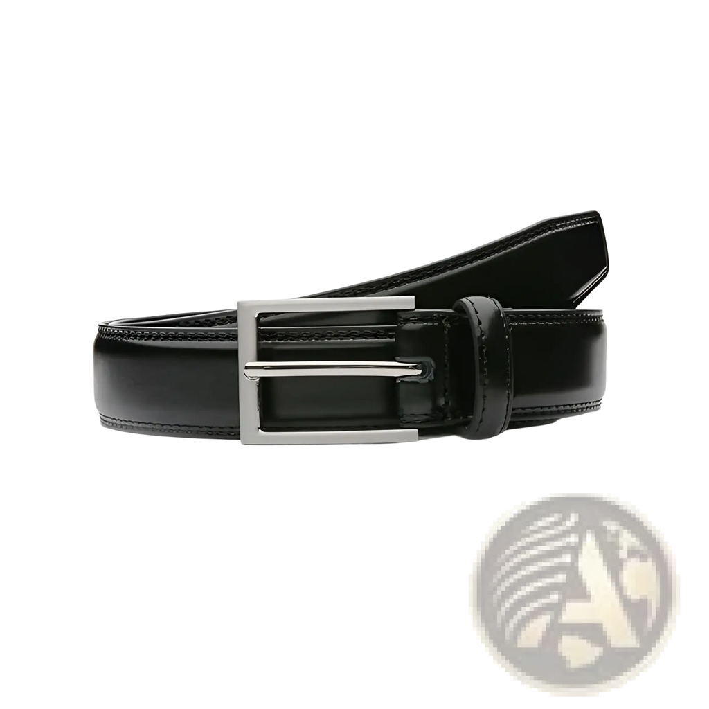 Black leather women dress belt 100cm with a silver-toned rectangular buckle for formal or casual wear