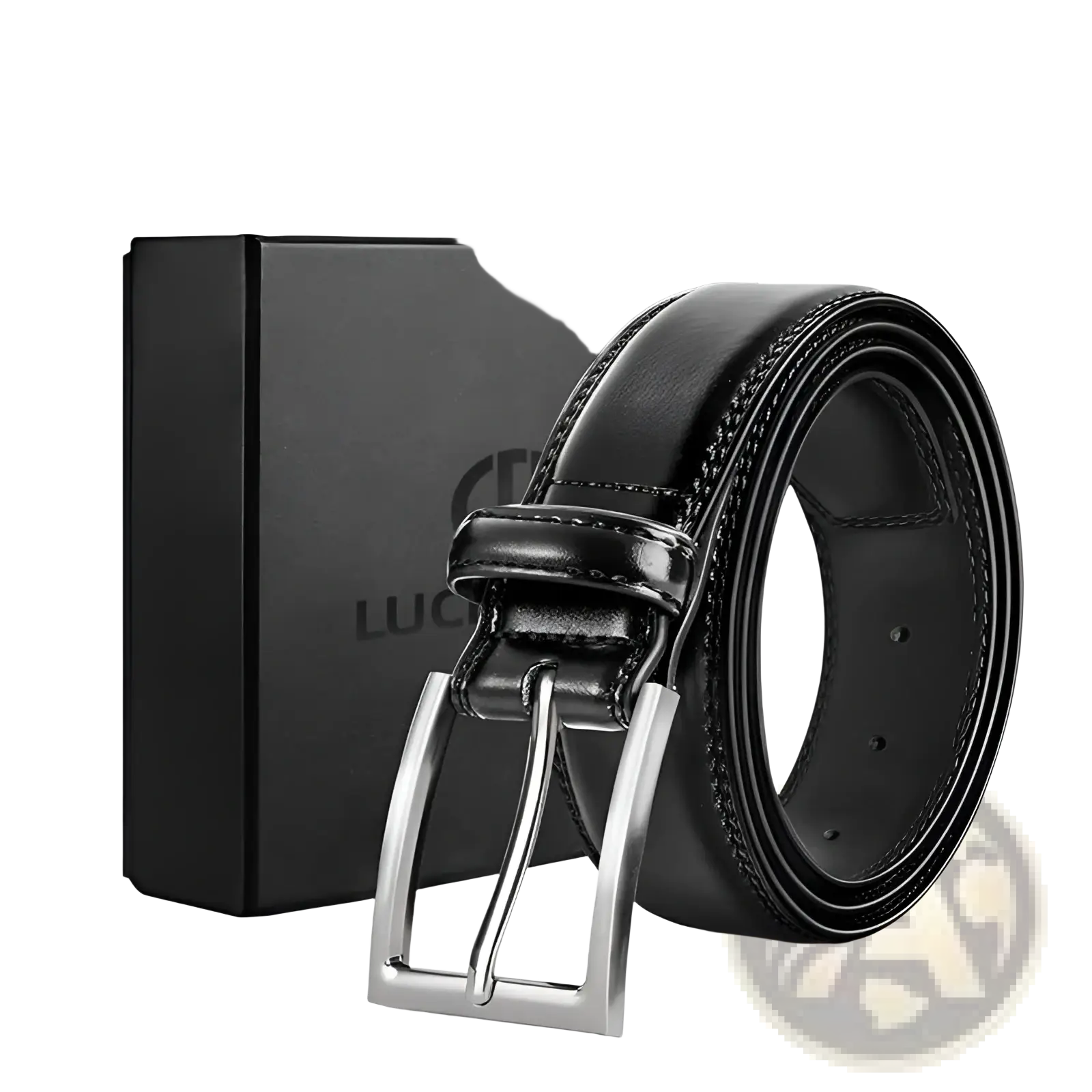 Black leather women dress belt 100cm with silver-toned buckle and stitched edges beside branded gift box