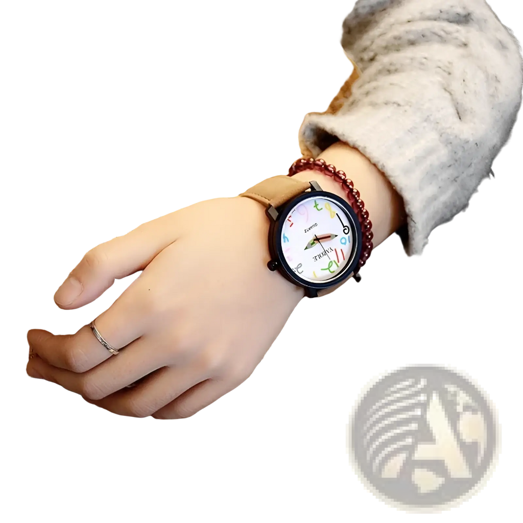 Black leather women quartz watch with black frame white face and colorful whimsical numbers on dial