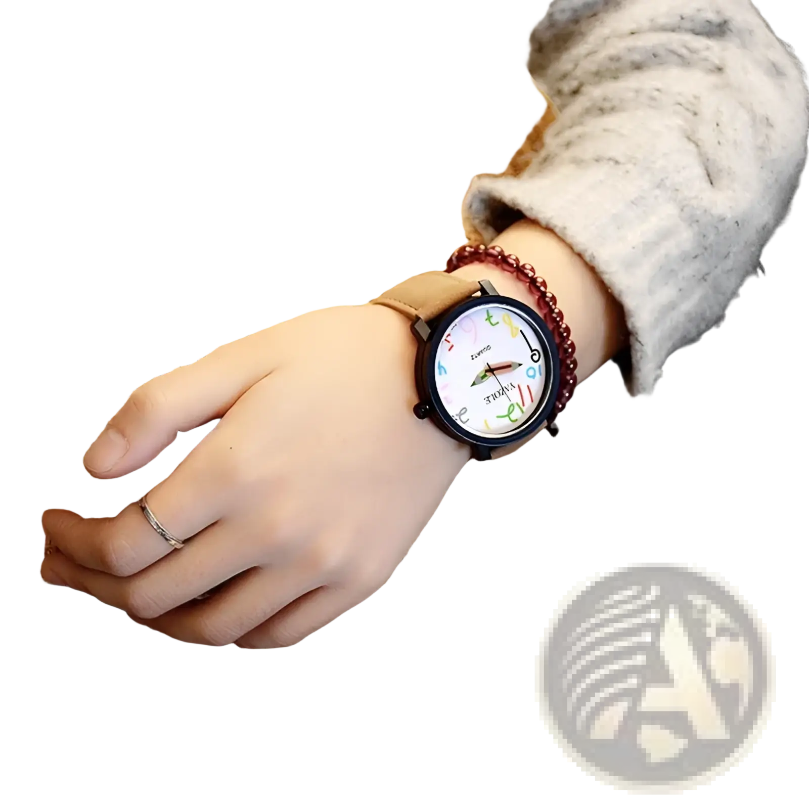 Black leather women quartz watch with black frame white face and colorful whimsical numbers on dial