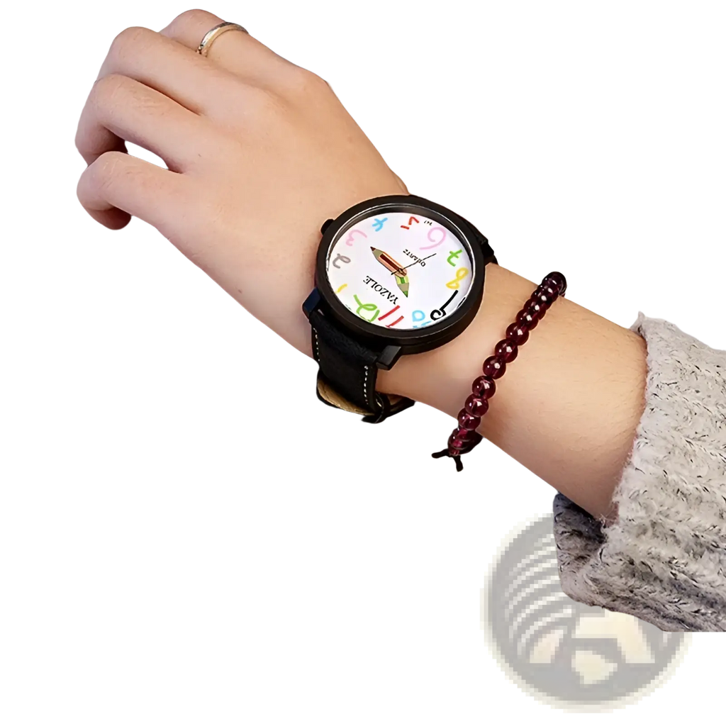 Black leather women quartz watch with a white face featuring black frame and colorful playful numerals and hands