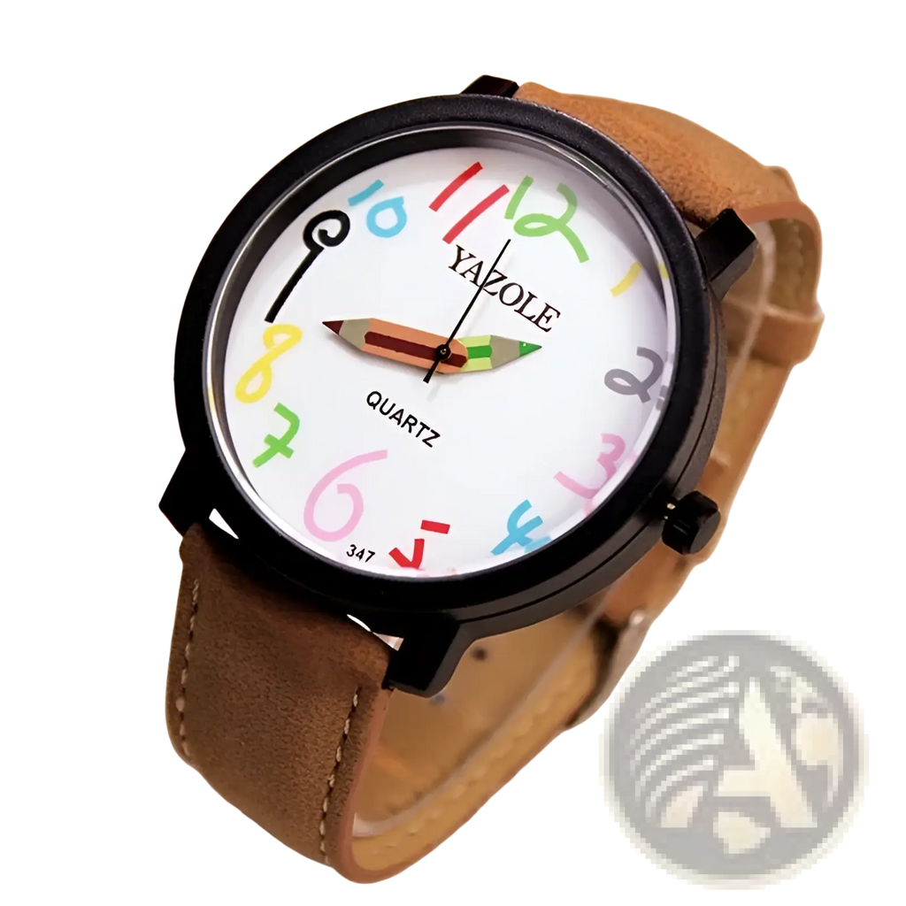 Black leather women quartz watch with colorful rainbow numbers pencil-shaped hands and tan leather strap in black metal case