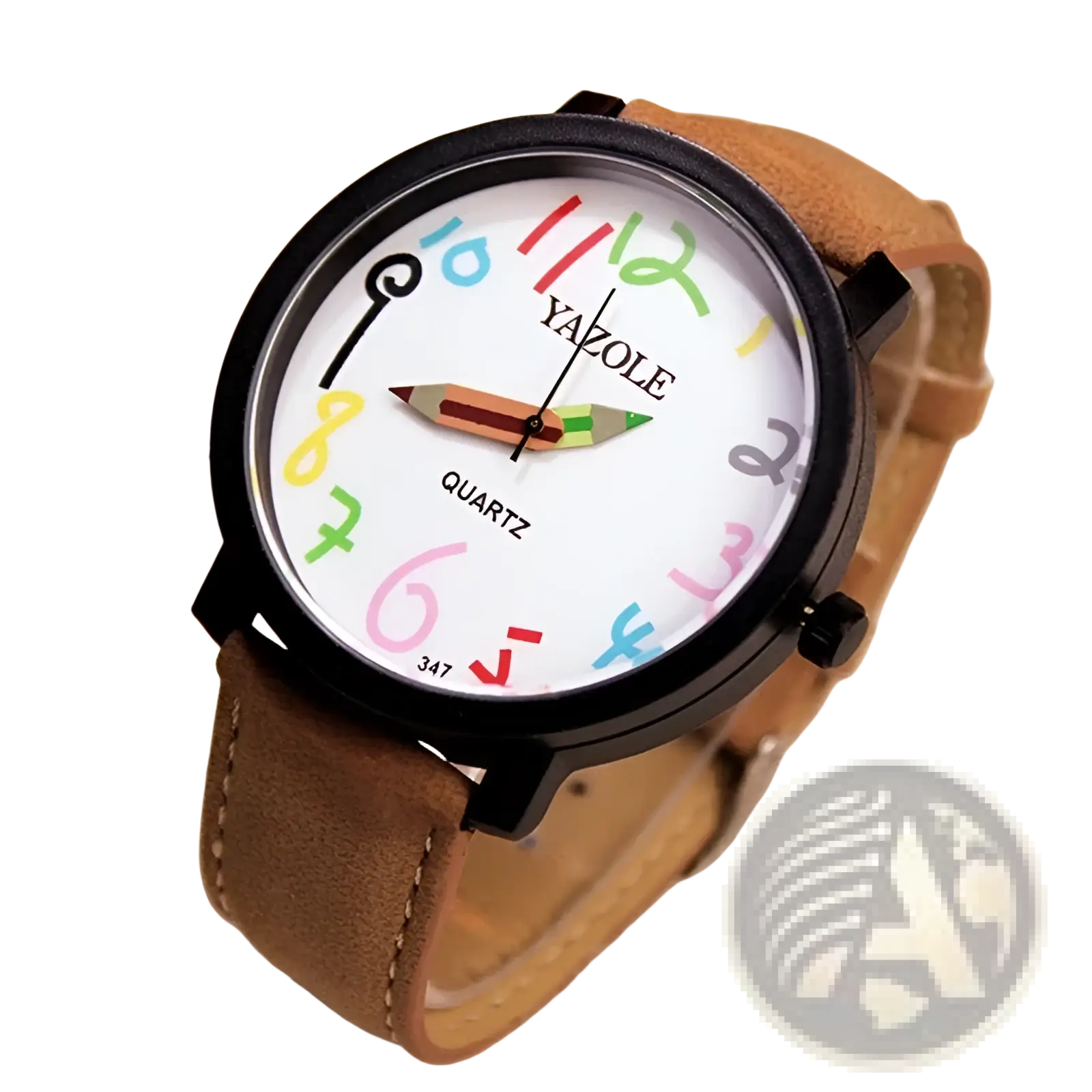Black leather women quartz watch with colorful rainbow numbers pencil-shaped hands and tan leather strap in black metal case
