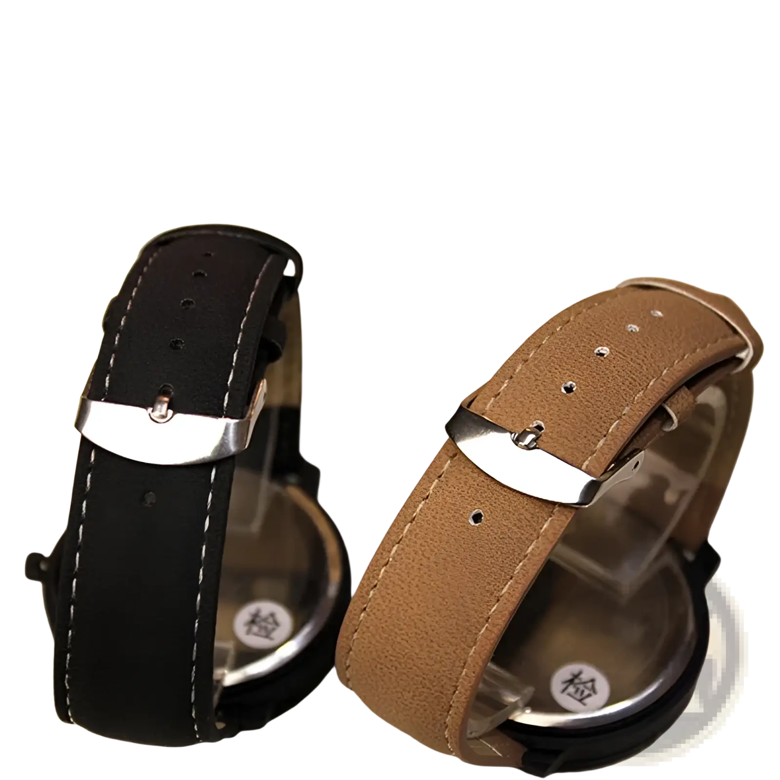 Black and tan leather watch straps with silver-toned buckles for black leather women quartz watch with colorful numbers
