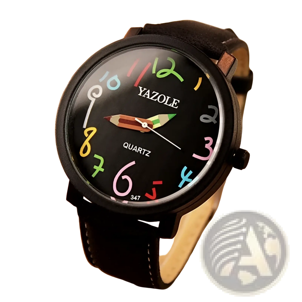 Black leather women quartz watch with a black yazole quartz face colorful hand-drawn numerals and pencil-shaped hands