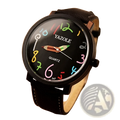 Black leather women quartz watch with a black yazole quartz face colorful hand-drawn numerals and pencil-shaped hands