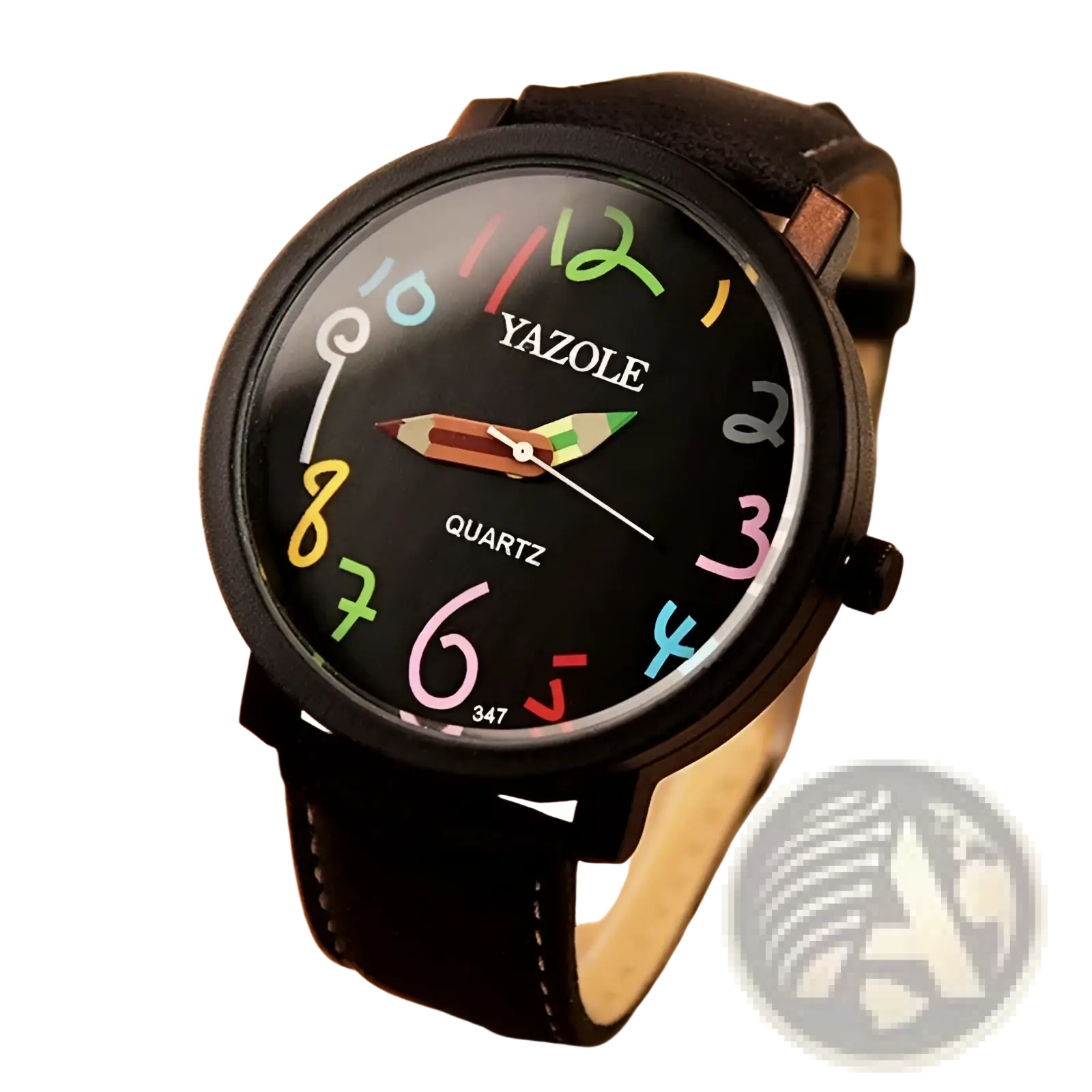 Black leather women quartz watch with a black yazole quartz face colorful hand-drawn numerals and pencil-shaped hands