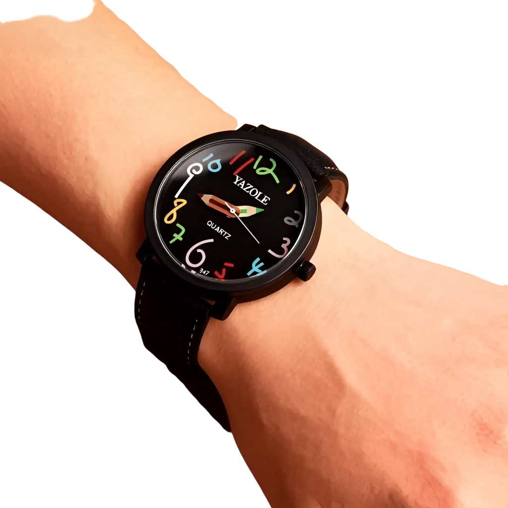 Black leather women quartz watch with colorful hand-drawn number dial and black leather strap