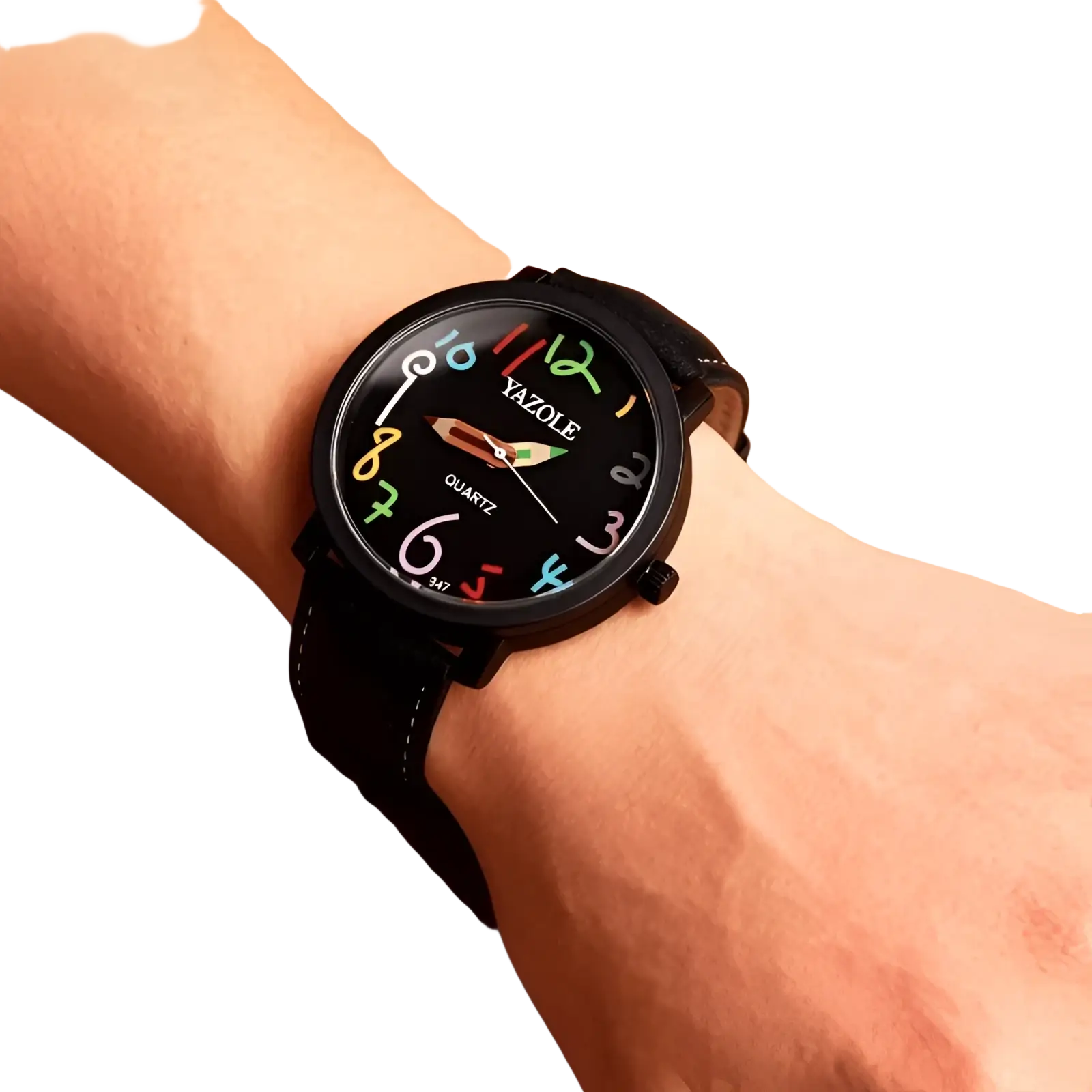 Black leather women quartz watch with colorful hand-drawn number dial and black leather strap