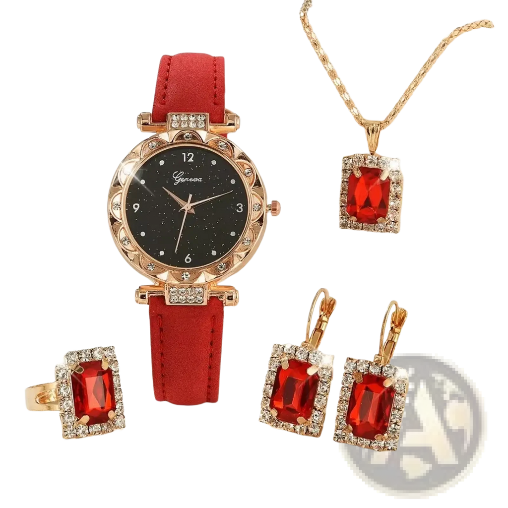 Black leather women quartz watch set featuring a red leather strap with a starry black dial and gold rhinestone case