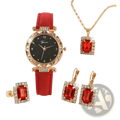 Black leather women quartz watch set featuring a red leather strap with a starry black dial and gold rhinestone case