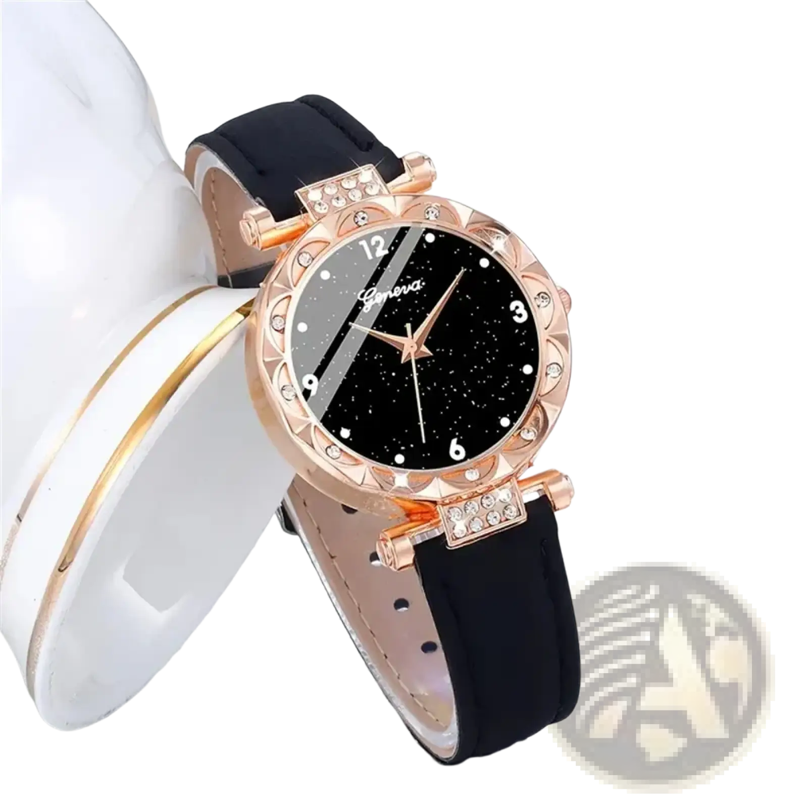 Rose gold-toned black leather women quartz watch with starry dial and crystal-encrusted bezel in a sleek design