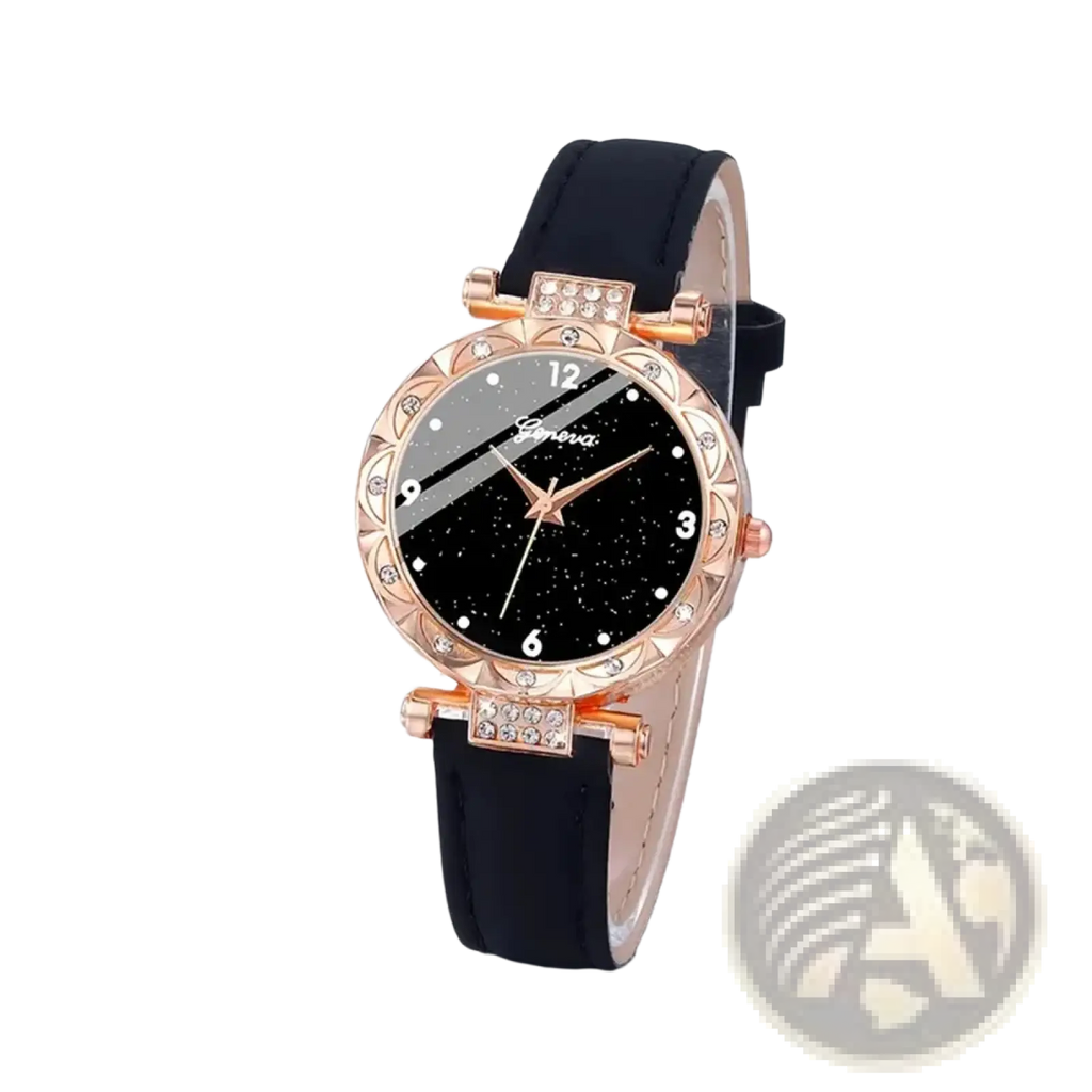 Black leather women quartz watch set with rose gold case and crystal accents on a leather strap