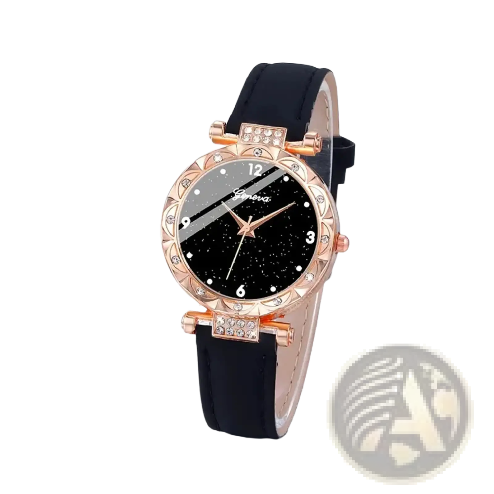 Black leather women quartz watch set with rose gold case and crystal accents on a leather strap