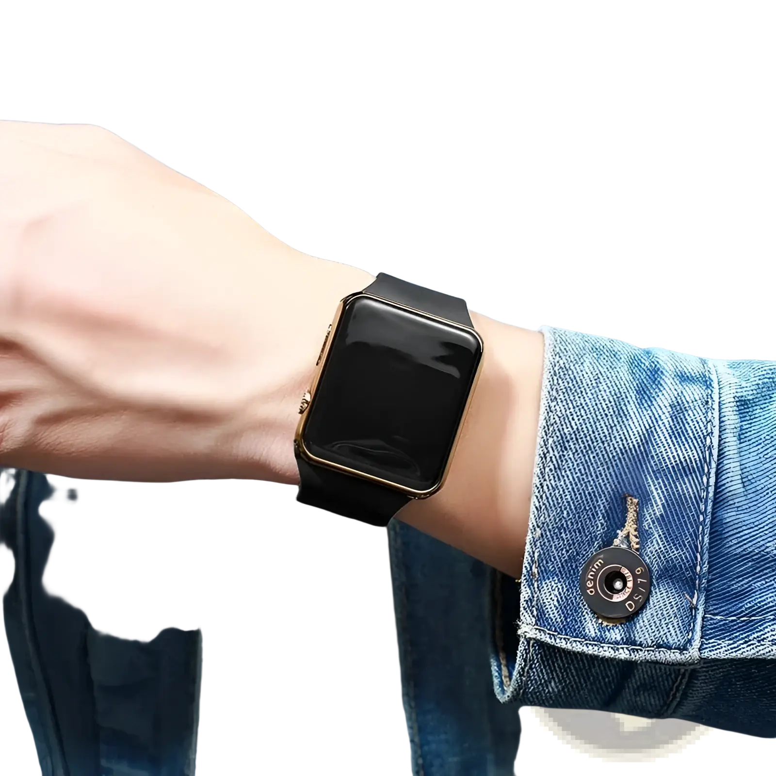 Gold-framed black led digital sports watch with silicone wristband worn on wrist showing black screen