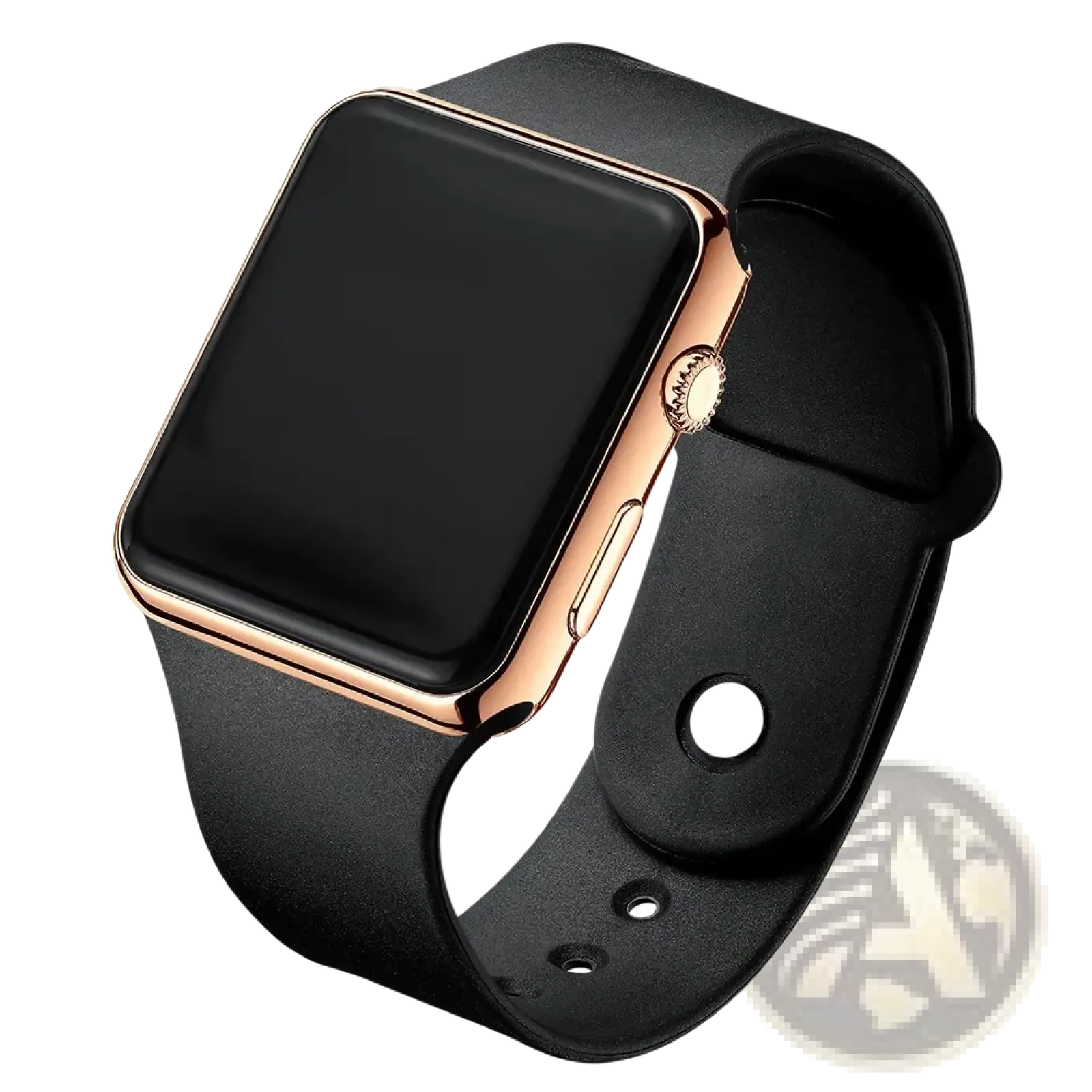 Black led digital sports watch with black leather strap and rose gold bezel and crown for stylish wristwear