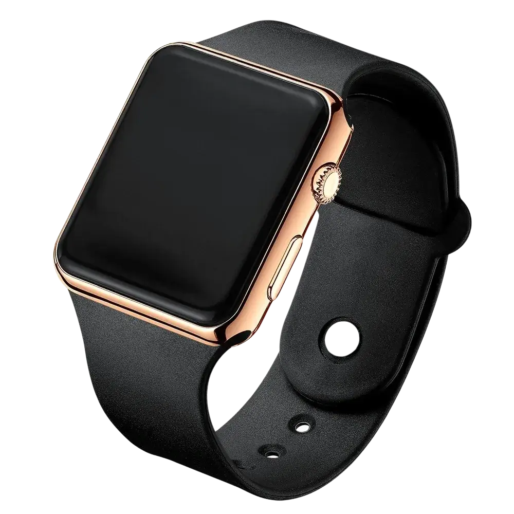 Black led digital sports watch with black leather strap and rose gold bezel for sporty and stylish wear