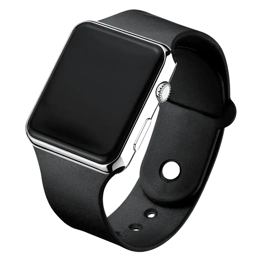 Black led digital sports watch with a silver-toned case and black leather strap for a sleek wristband look