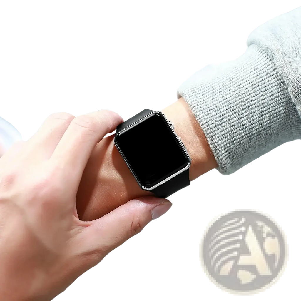 Black led digital sports watch with a sleek metallic frame and smooth black silicone wristband strap
