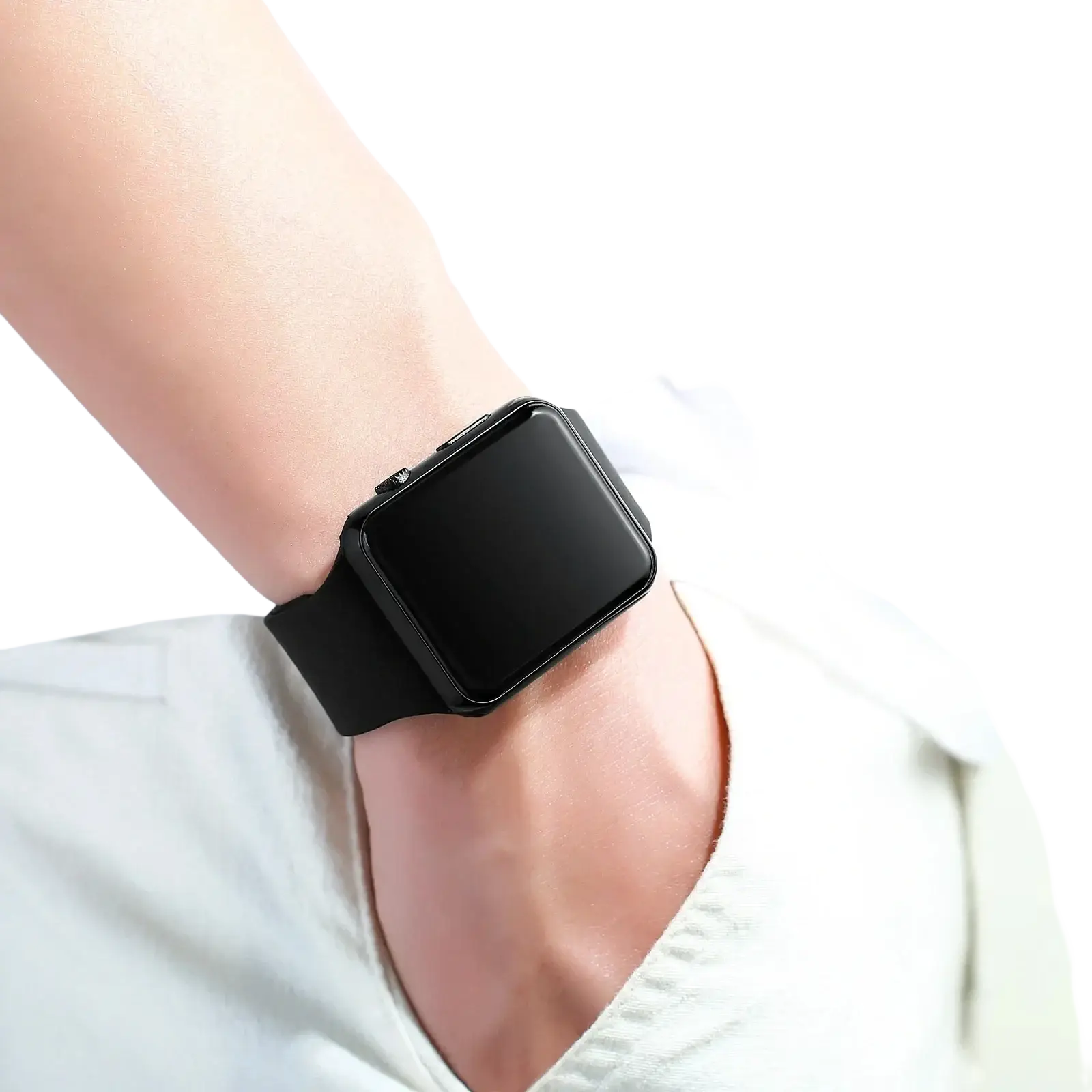 Black led digital sports watch with a black rectangular face and silicone wristband worn on an arm