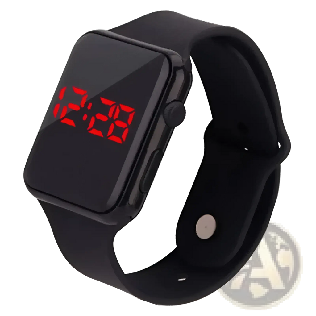 Black led digital sports watch with red display and black silicone wristband for active use