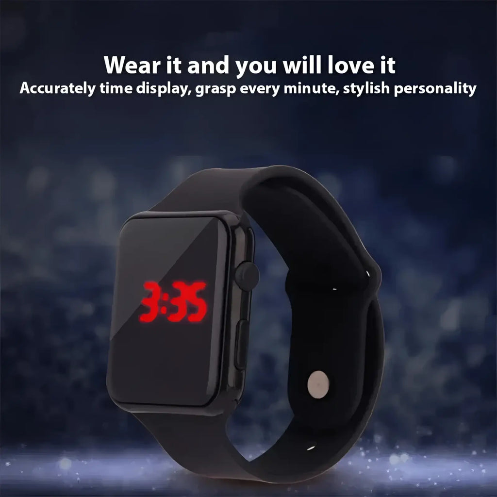 Black led digital sports watch with red led display showing 3 35 and silicone wristband in sleek design