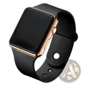 Black led digital sports watch with black leather strap and rose gold bezel for sporty and stylish wear