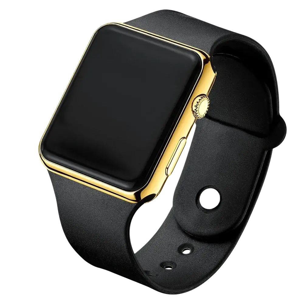 Black led digital sports watch with gold-tone bezel, polished metal case, and silicone wristband featuring a sleek display