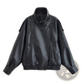 Black Litchi leather bomber jacket for women with high collar elastic cuffs and waistband in black faux leather moto style