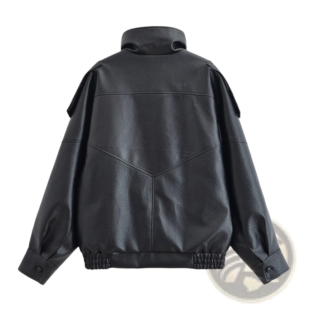 Black litchi leather bomber jacket for women with textured surface and elasticated cuffs