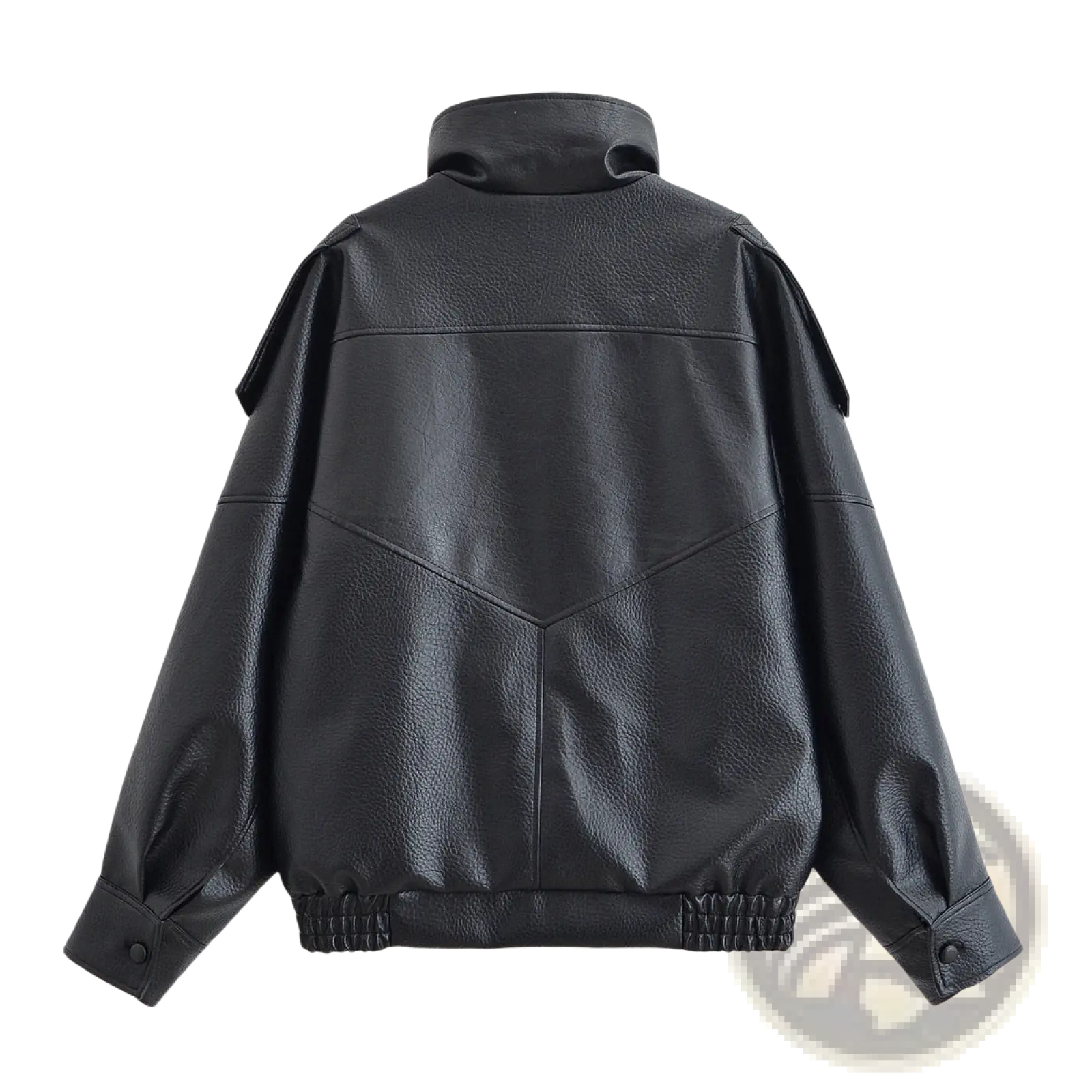 Black litchi leather bomber jacket for women with textured surface and elasticated cuffs