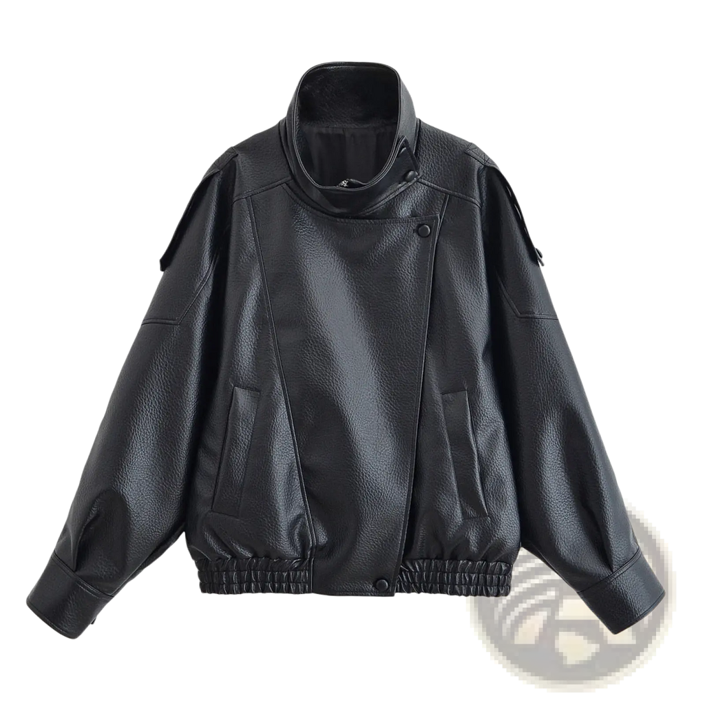 Black litchi leather bomber jacket for women with high collar elastic cuffs and waistband in black faux leather